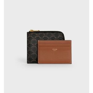 Celine Zip TRIOMPHE Canvas Wallet W/ Lamb Skin Leather Brown Card Holders Set